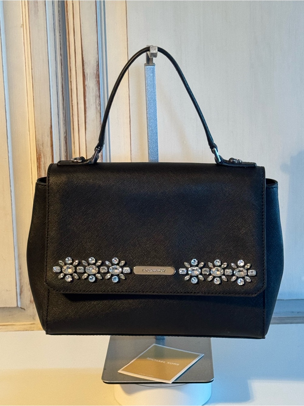 Michael kors crossbody purse Bag Black Leather With Crystal Flowers